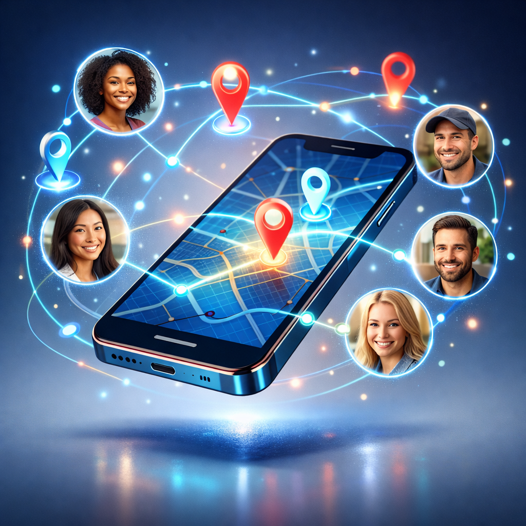 Dünyanın farklı yerlerinden insanların bir uygulama aracılığıyla bağlandığını gösteren konsept görsel.