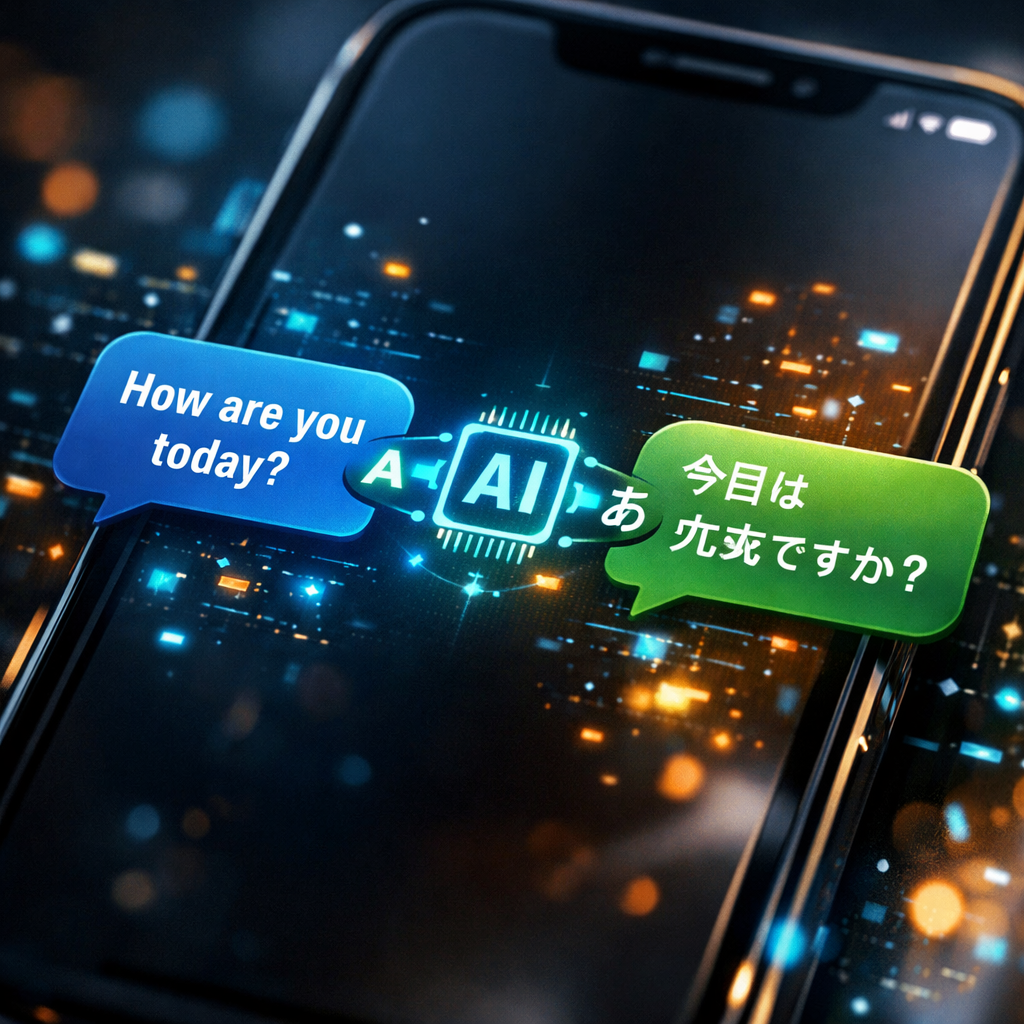 Ekrandaki mesajların anında başka bir dile çevrildiğini vurgulayan teknolojik bir görsel.