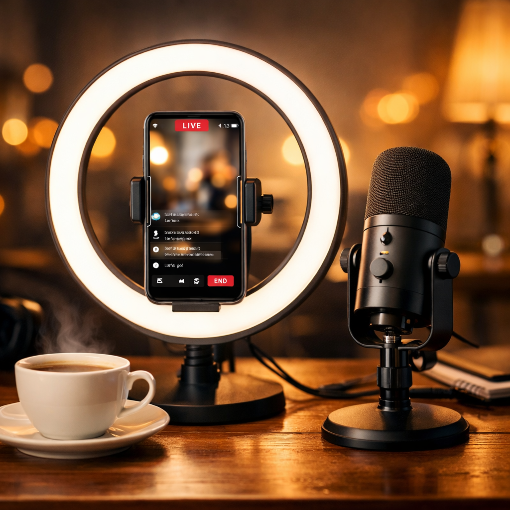 Bir mobil yayıncının ihtiyaç duyduğu ışık ve mikrofon kurulumunu gösteren estetik bir masaüstü.