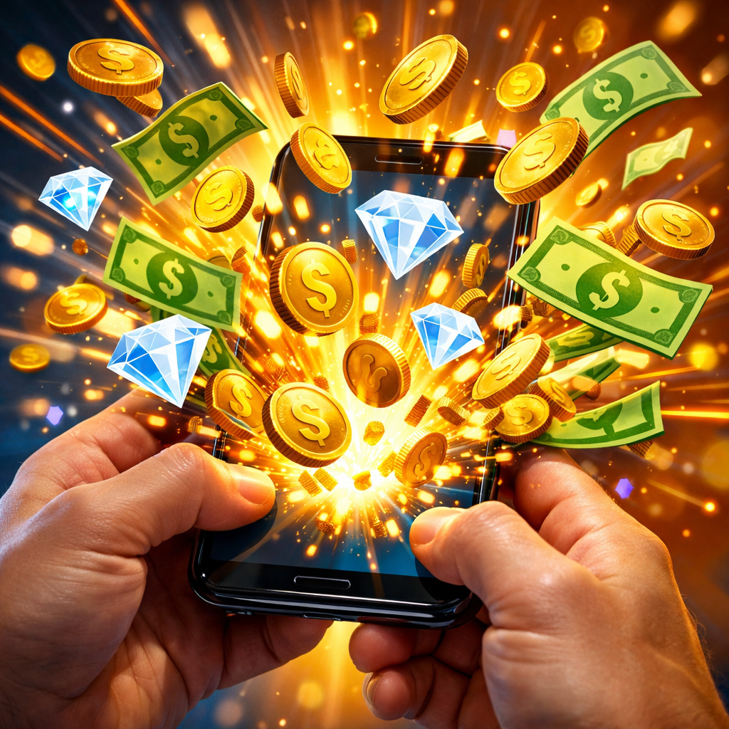 Telefondan fışkıran altın coinler ve elmaslarla dijital kazancı temsil eden görsel.