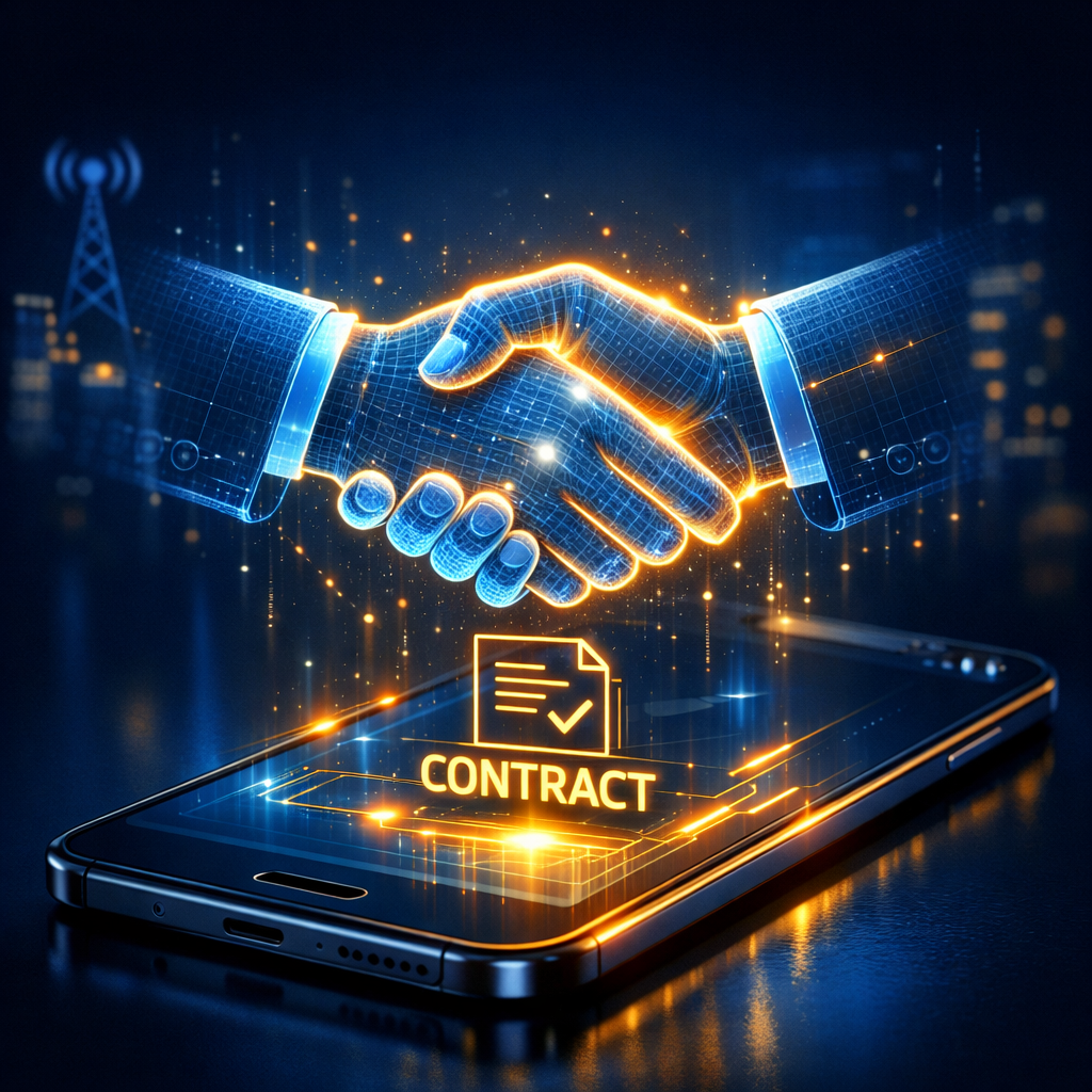 Akıllı telefon üzerinde gerçekleşen dijital bir el sıkışması ile resmi yayıncı ajans sözleşmesini temsil eden görsel.