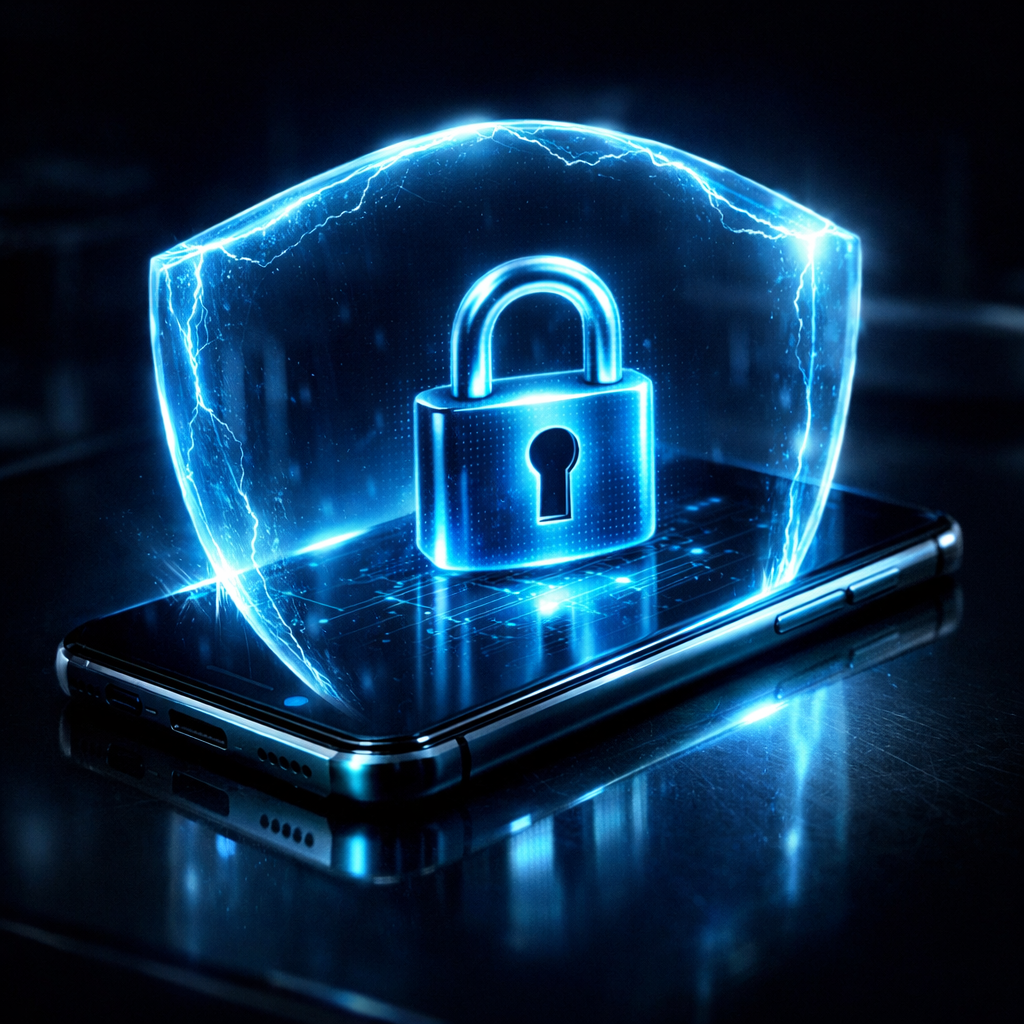 Telefonu dış tehditlerden koruyan dijital bir kalkan ve kilit simgesi.