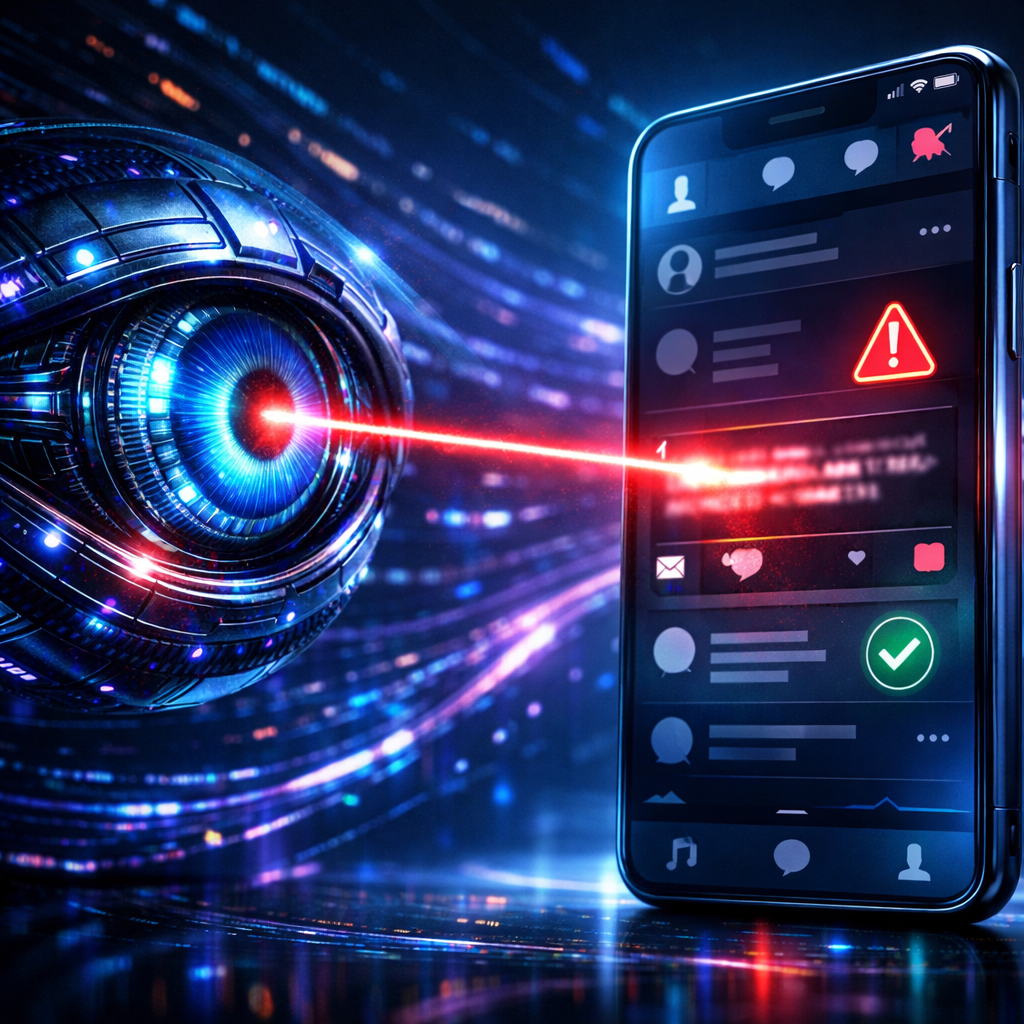 Uygulamayı zararlı içeriklere karşı tarayan fütüristik bir yapay zeka/göz konsepti.