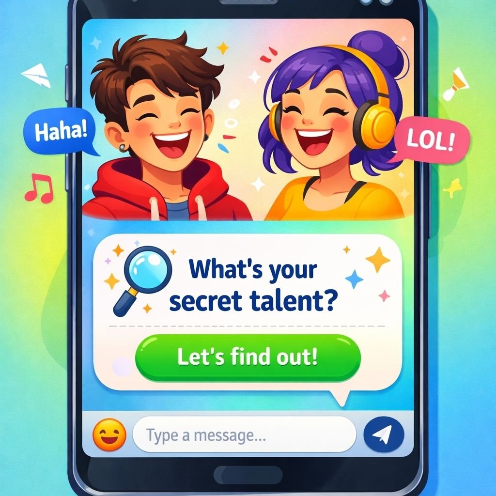 Sohbeti canlandıran buz kırıcı özellikler ve samimiyeti yansıtacak şekilde; bir akıllı telefon ekranında "Buz Kırıcı Soru" kartı ve gülen iki avatarlı modern bir illüstrasyon.