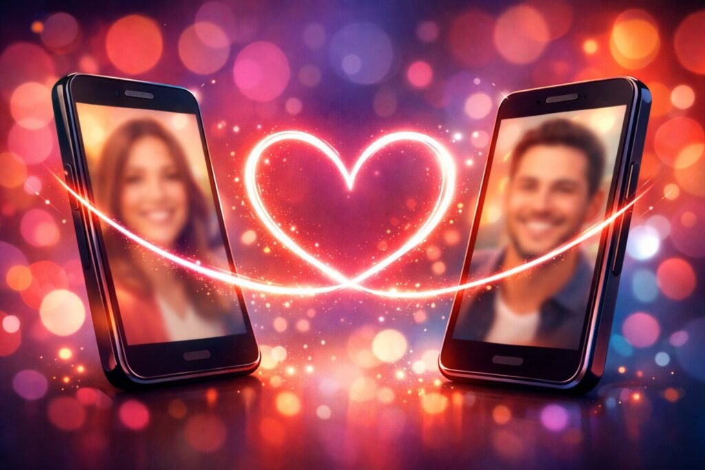 Desilive platformunda daha fazla etkileşim ve eşleşme almak için taktikleri temsil eden bağlanan telefonlar ve kalp simgesi.