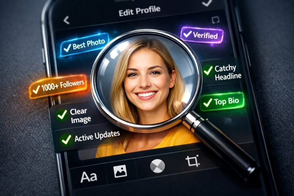 Desilive üzerinde dikkat çekici ve popüler bir profil oluşturmayı, biyografi ve fotoğraf düzenlemeyi gösteren illüstrasyon.