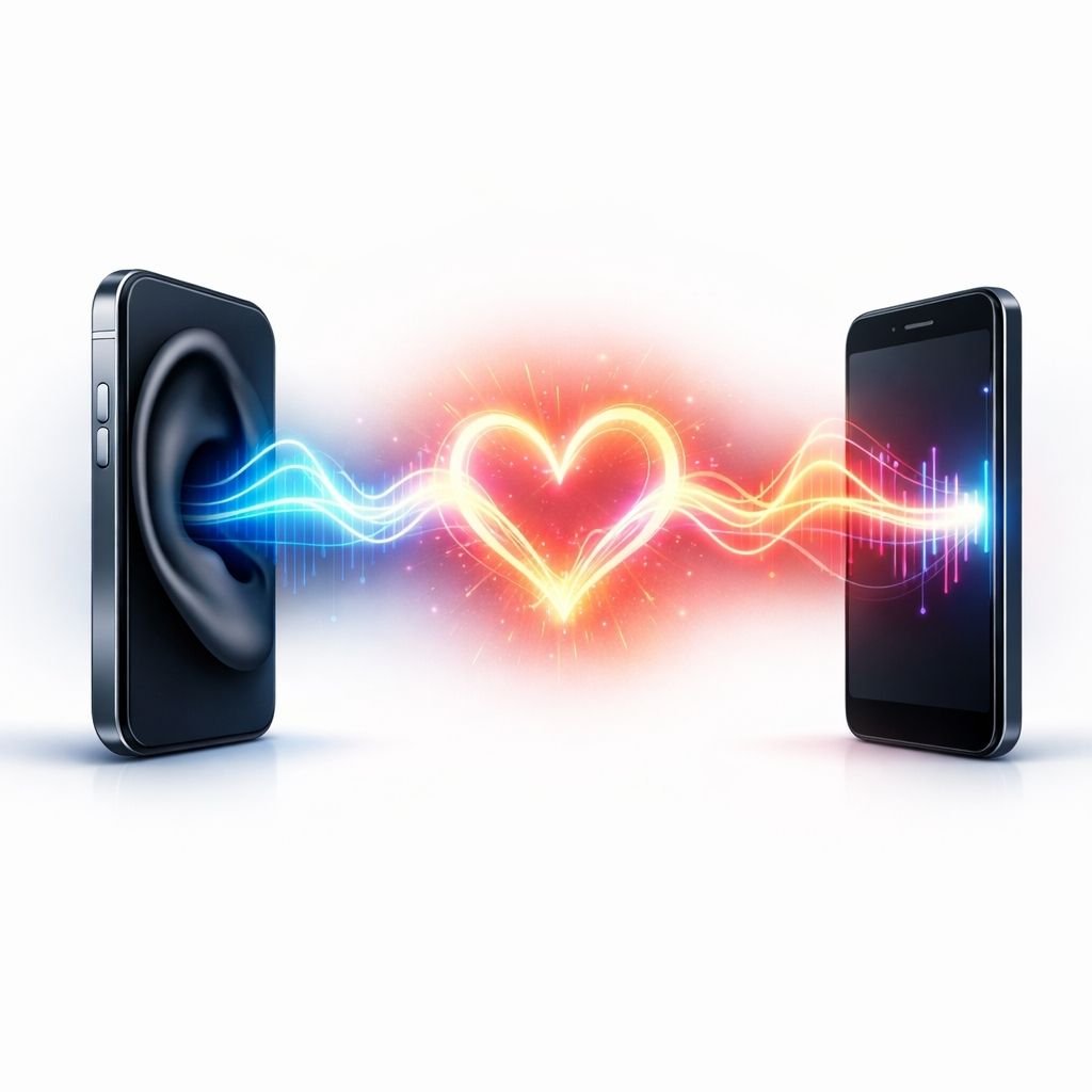 DesiLive'da etkili iletişim ve etkileşimi artırmanın anahtarı olan aktif dinlemeyi yansıtacak şekilde; bir akıllı telefonun ahizesinden çıkan bir kulağın diğer telefondaki kalbi dinlediği sanatsal bir görsel.