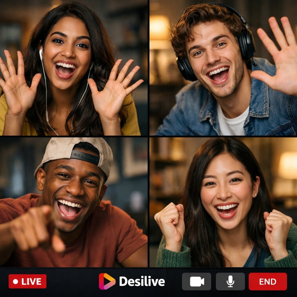 Desilive'in global ağını simgeleyen, farklı kültürlerden insanların aynı anda video sohbet etmesi.