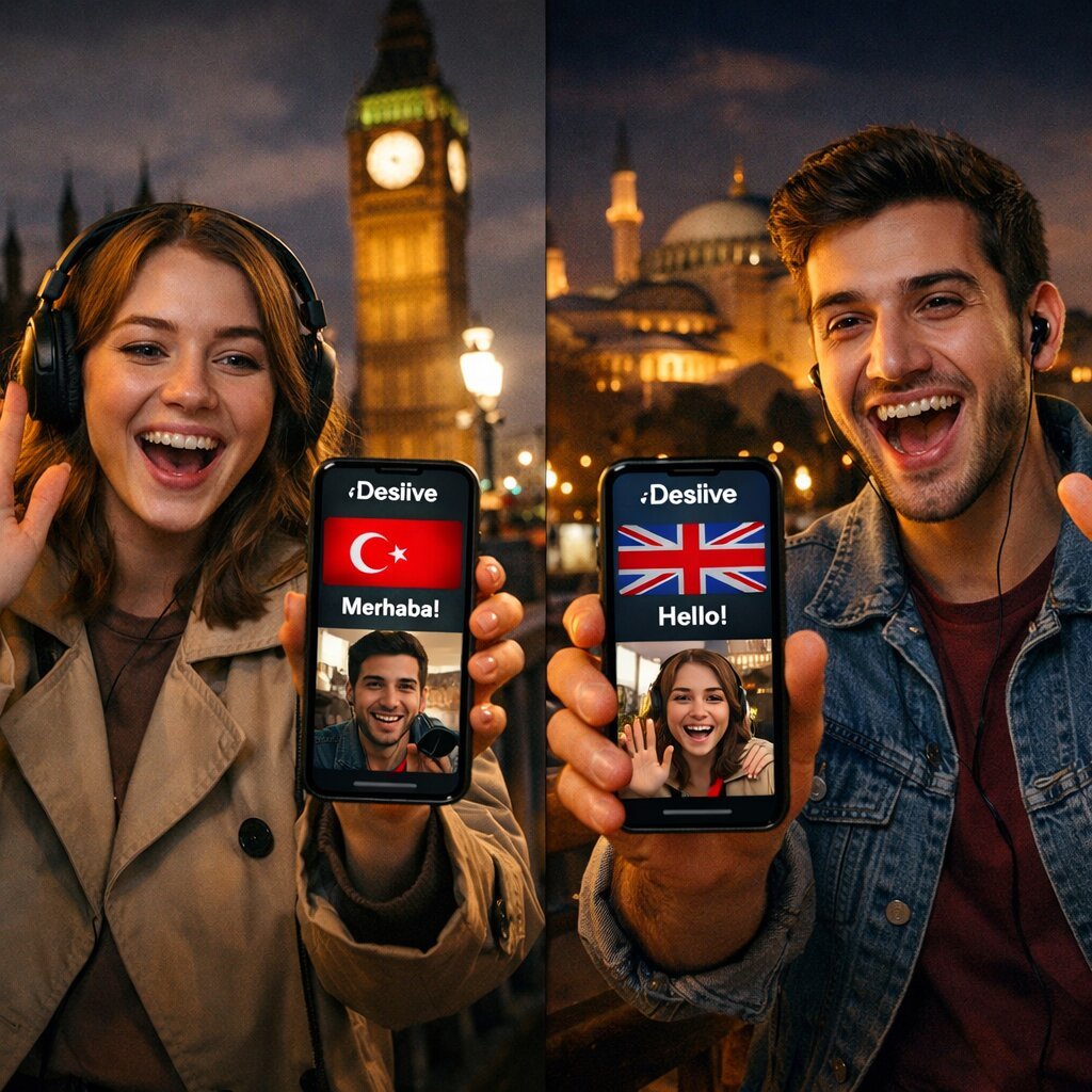 Desilive üzerinden farklı ülkelerden bir dil partneri ile konuşma pratiği.