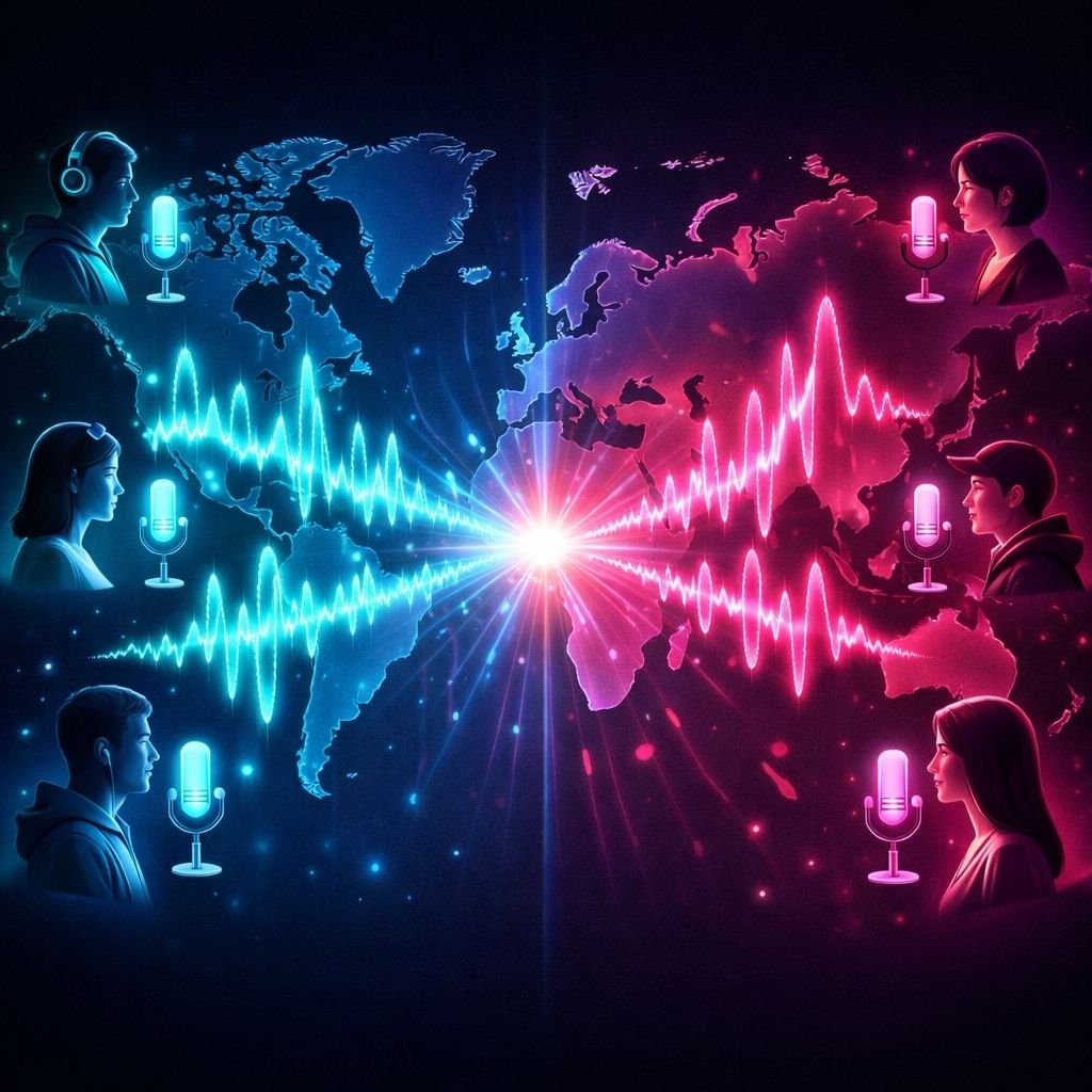 DesiLive parti odalarında dünyanın farklı yerlerinden insanların bir araya gelmesini simgeleyen; bir dünya haritası üzerinde yükselen ses dalgaları ve kullanıcı figürleri.