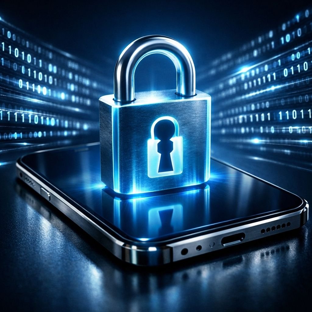 DesiLive veri güvenliği incelemesi için, bir akıllı telefonun üzerinde yükselen büyük, parlayan bir kilit ve şifrelenmiş veri akışını gösteren dijital bir görsel.