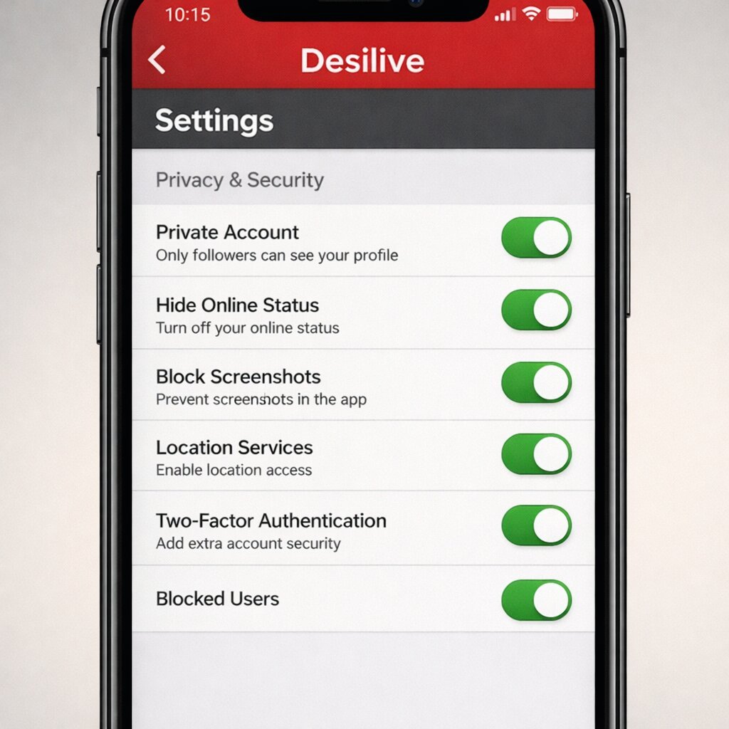 Desilive kullanıcılarının gizliliğini kontrol edebildiği güvenlik ayarları menüsü.