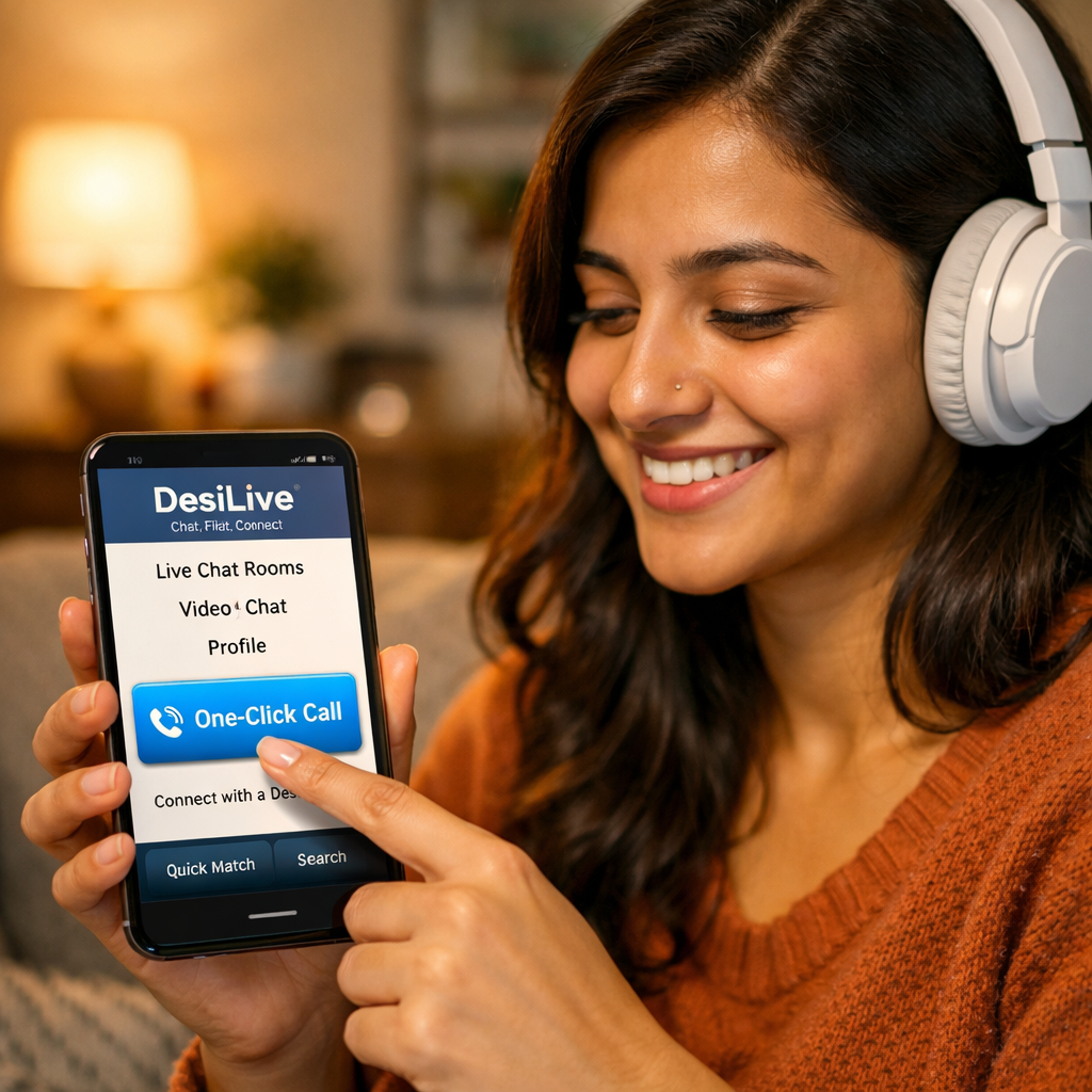 DesiLive nasıl kullanılır rehberi için, kulaklık takmış genç bir kadının akıllı telefonunda tek tıkla sesli arama başlatma anını gösteren samimi bir fotoğraf.