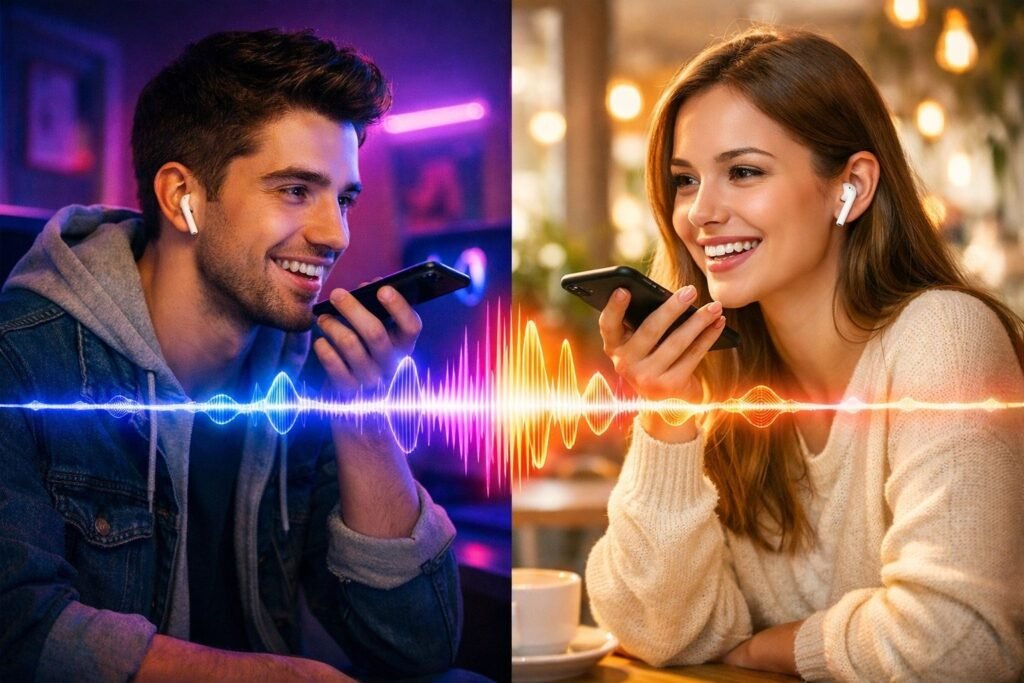 DesiLive nedir ve nasıl kullanılır rehberimiz için; dijital dünyada sesli sohbet uygulamasıyla gerçek bağlar kuran insanları temsil eden modern kapak görseli.