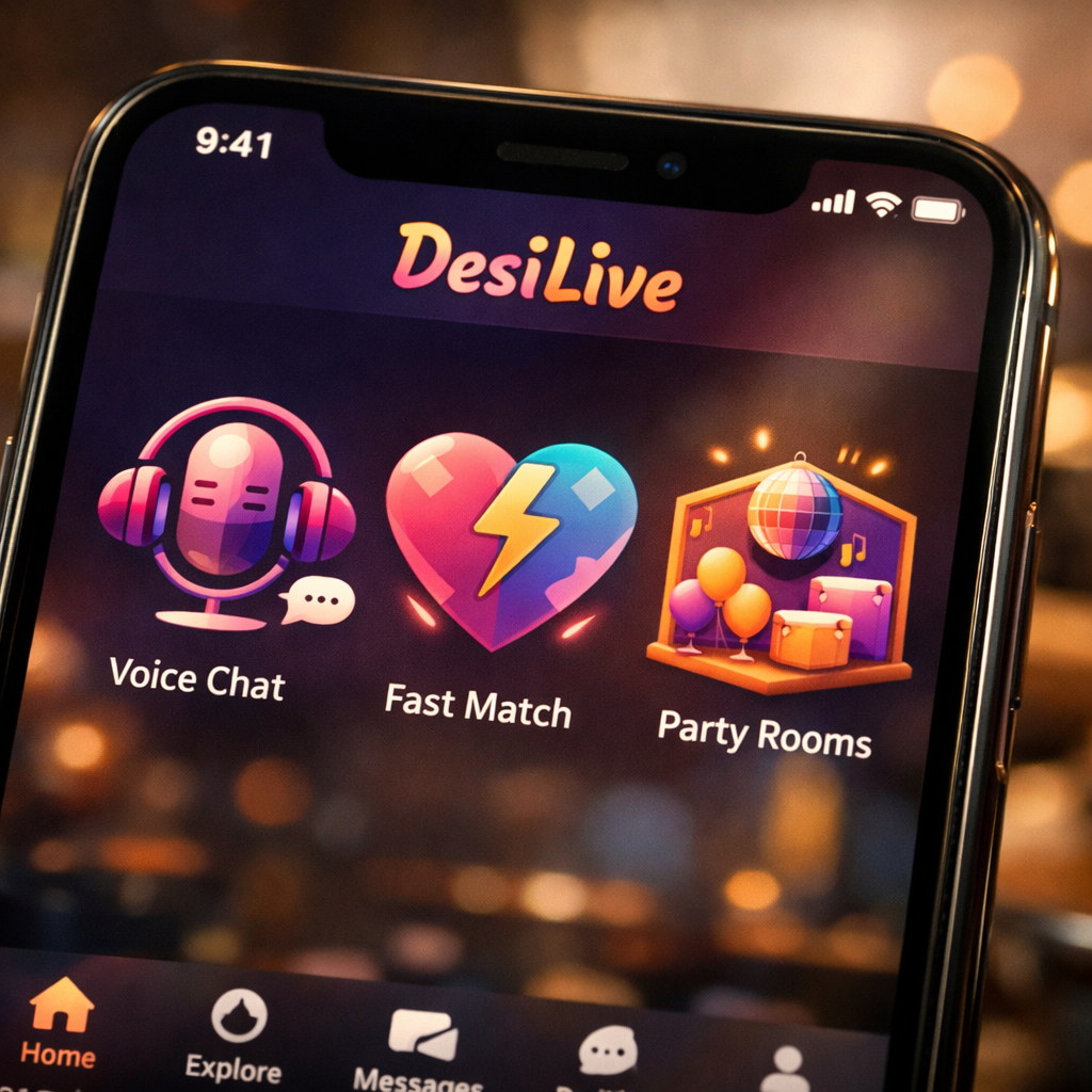 DesiLive nedir sorusuna yanıt veren, sesli sohbet ve hızlı eşleşme özelliklerini gösteren modern ve kullanıcı dostu bir akıllı telefon uygulama arayüzü illüstrasyonu.
