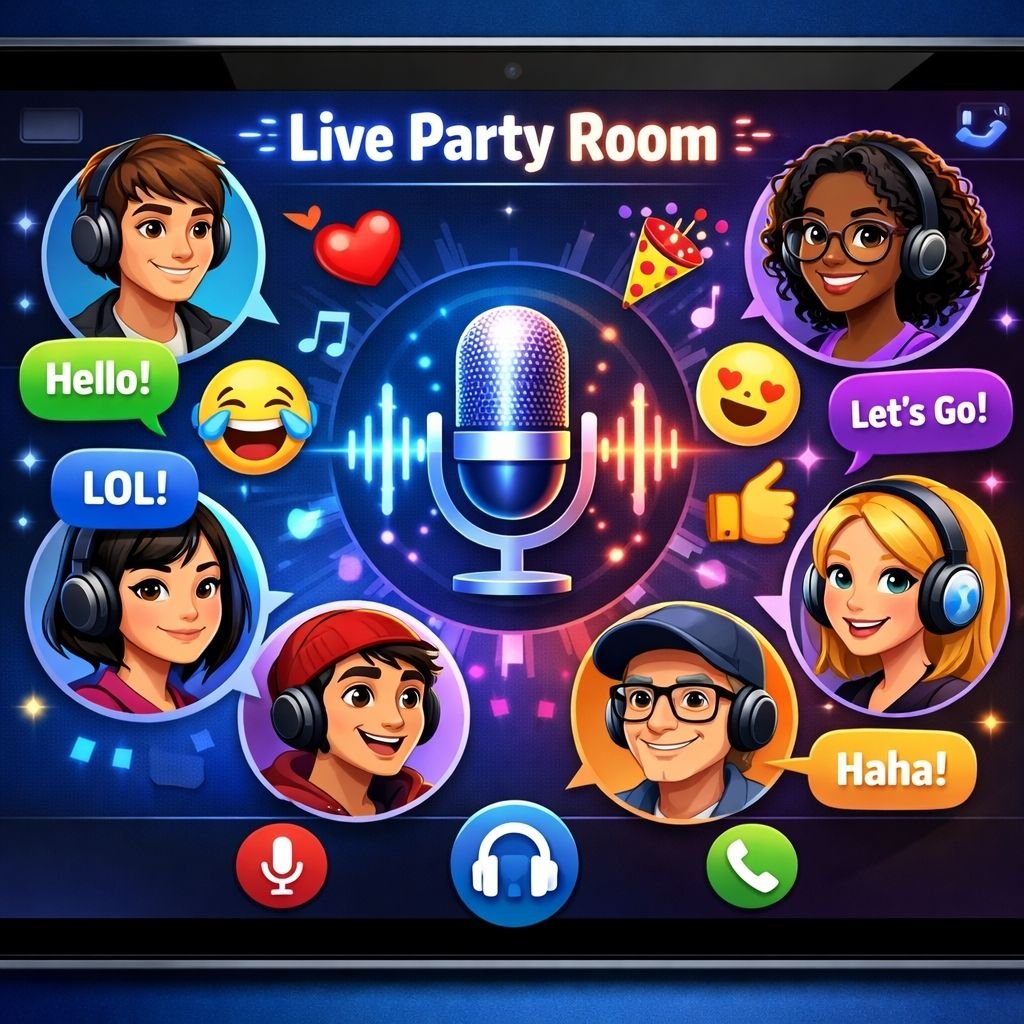 Canlı sesli parti odaları konseptini yansıtacak şekilde; bir akıllı telefon ekranında çoklu kullanıcı avatarlarının ve mikrofon simgelerinin olduğu eğlenceli bir arayüz illüstrasyonu.
