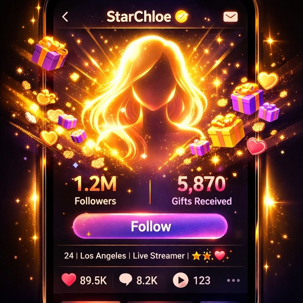 Etkili DesiLive profil oluşturma taktiklerini simgeleyen; bir akıllı telefon ekranında parlayan bir avatar, yüksek takipçi sayısı ve sanal hediyelerin aktığı modern bir profil illüstrasyonu.