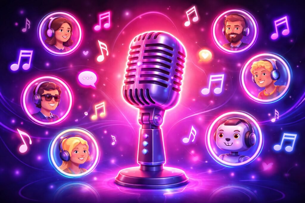 Desilive'ın eğlenceli sesli parti odalarında mikrofonla sohbet eden ve müzik dinleyen topluluğu anlatan parti konsepti.