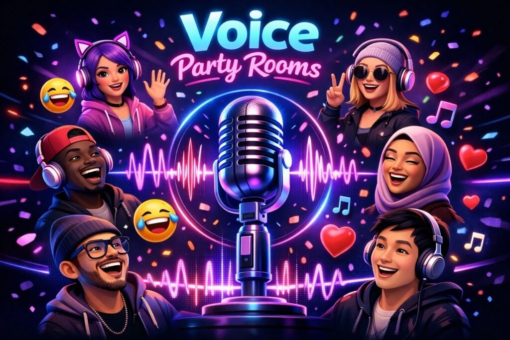 DesiLive sesli sohbet ve canlı parti odaları ile sınırları aşmayı simgeleyen, global ve interaktif dijital sosyalleşme konseptli makale kapak illüstrasyonu.