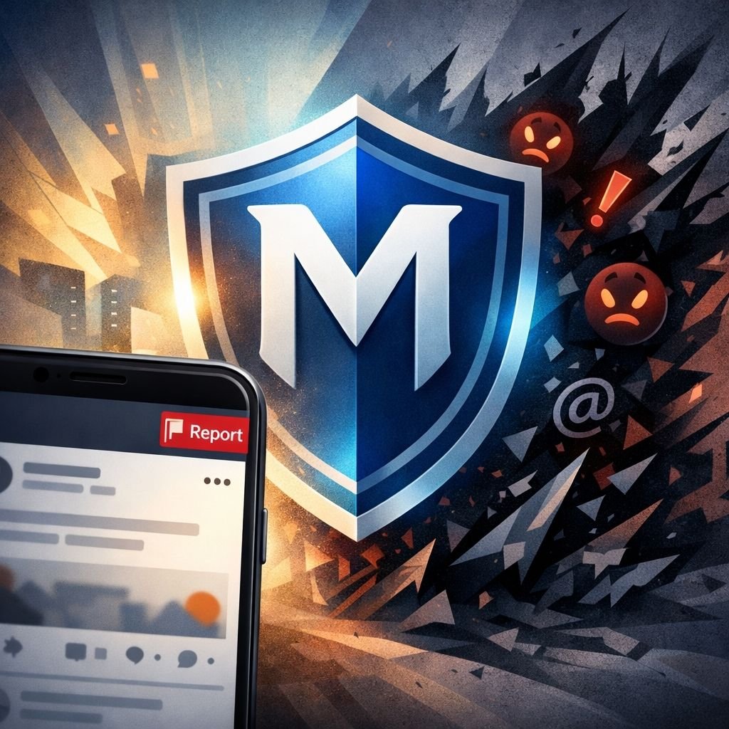 DesiLive şikayet ve güvenli ortam sağlama sistemini simgeleyen; bir ekranın köşesindeki şikayet bayrağı ve arka planda güvenliği sağlayan moderatör kalkanı figürü.