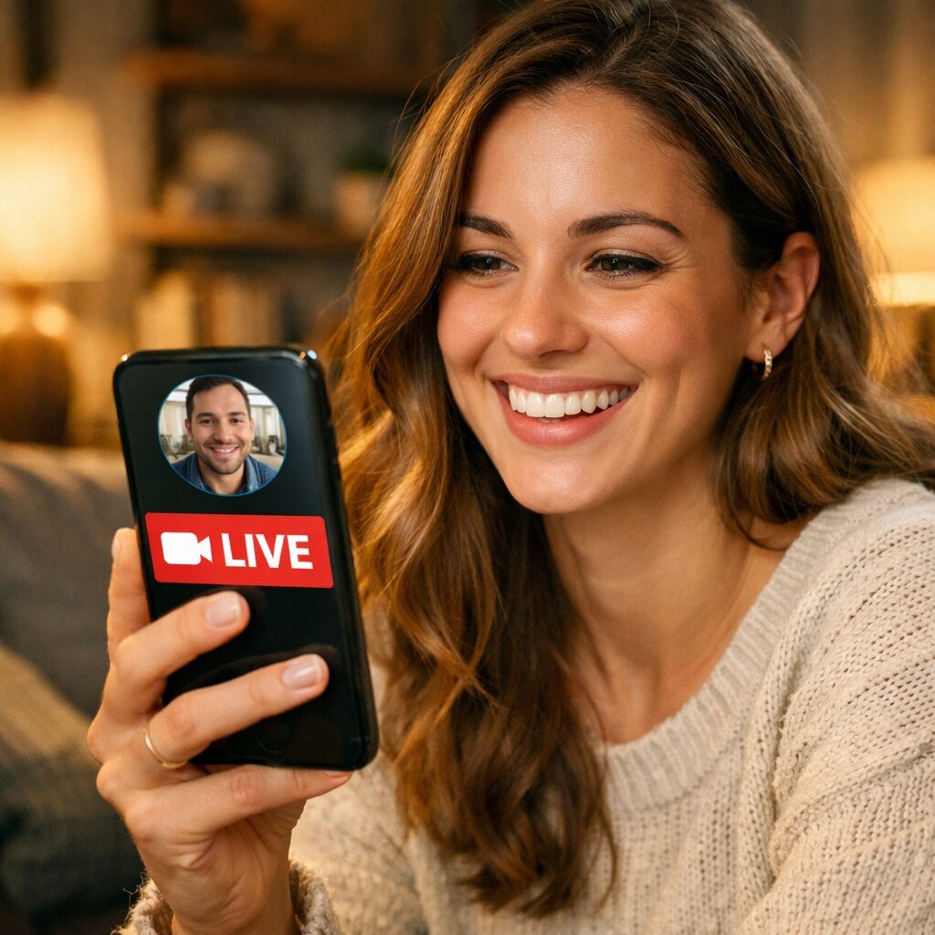 Desilive uygulaması ile ev rahatlığında yeni insanlarla tanışan mutlu kullanıcı.