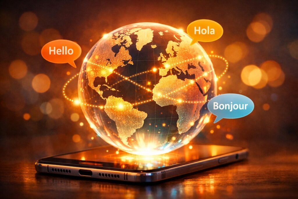 Desilive ile dünyanın dört bir yanından yabancı arkadaş edinmeyi ve dil pratiği yapmayı anlatan küre ve mesaj ikonları.