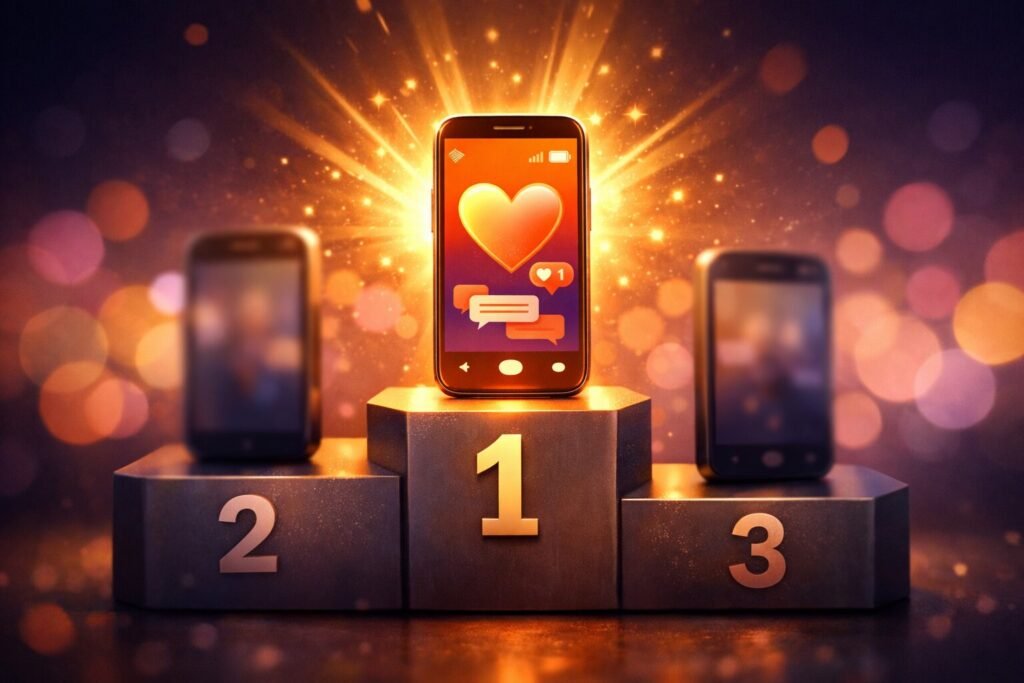 Desilive uygulamasının Tinder ve Azar gibi diğer arkadaşlık uygulamalarıyla karşılaştırmasını ve podyumdaki üstünlüğünü temsil eden görsel.