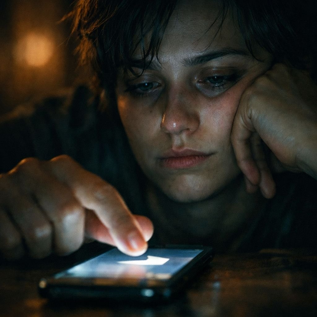 Geleneksel uygulamaların yarattığı bıkkınlığı gösteren; yorgun bir kullanıcının bıkkın bir ifadeyle telefon ekranında profilleri sağa sola kaydırdığı siyah-beyaz dramatik bir fotoğraf.