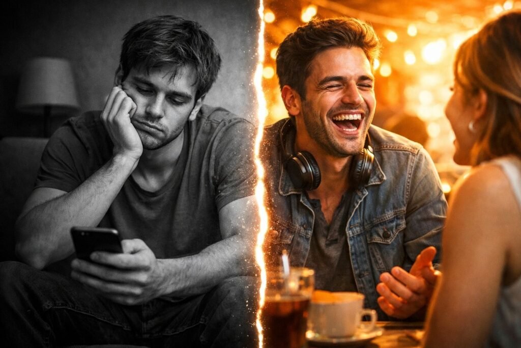 Geleneksel arkadaşlık uygulamalarındaki kaydırma yorgunluğuna karşı DesiLive'ın sunduğu sesli ve anlık iletişimi vurgulayan, dönüşümü anlatan çarpıcı kapak fotoğrafı.