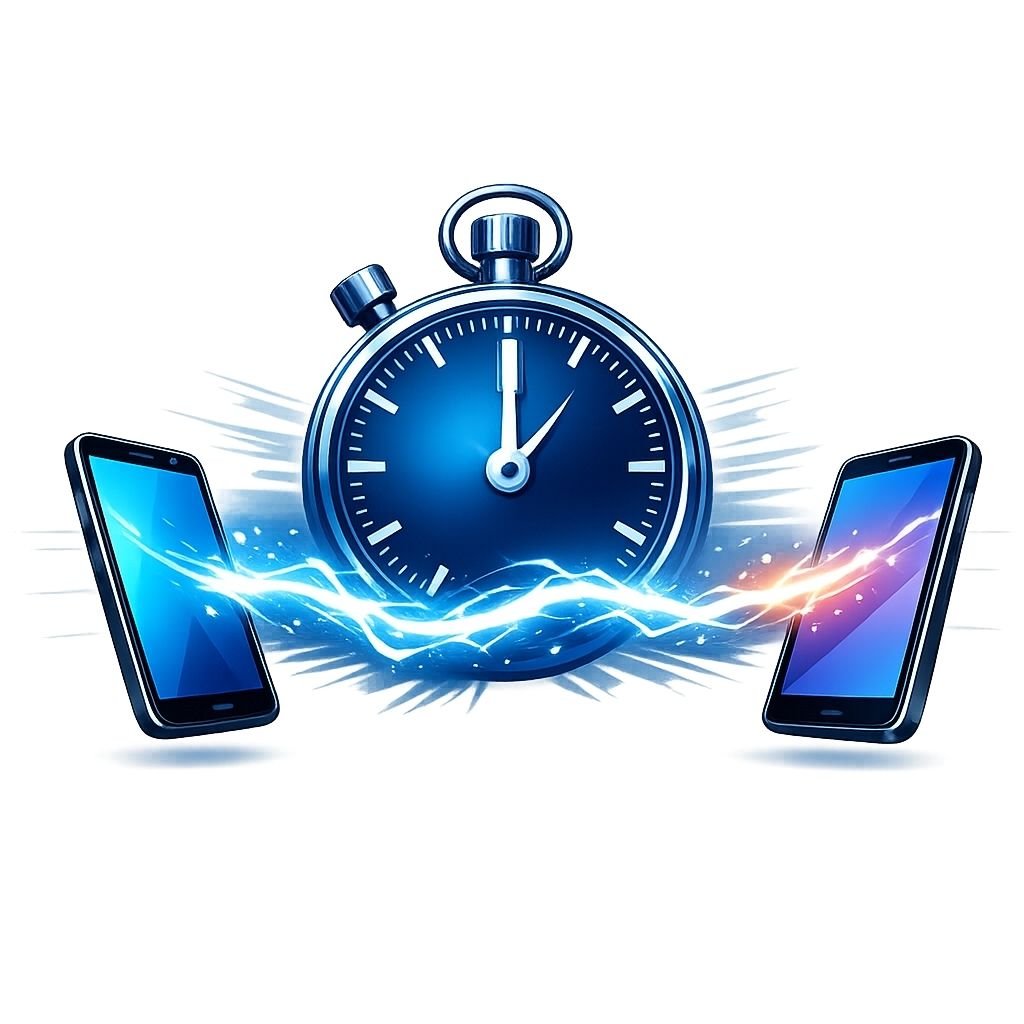 Geleneksel uygulamaların aksine zaman tasarrufu sağlayan DesiLive'ın hızını simgeleyen; bir kronometre ve anında bağlanan iki akıllı telefon figürü.